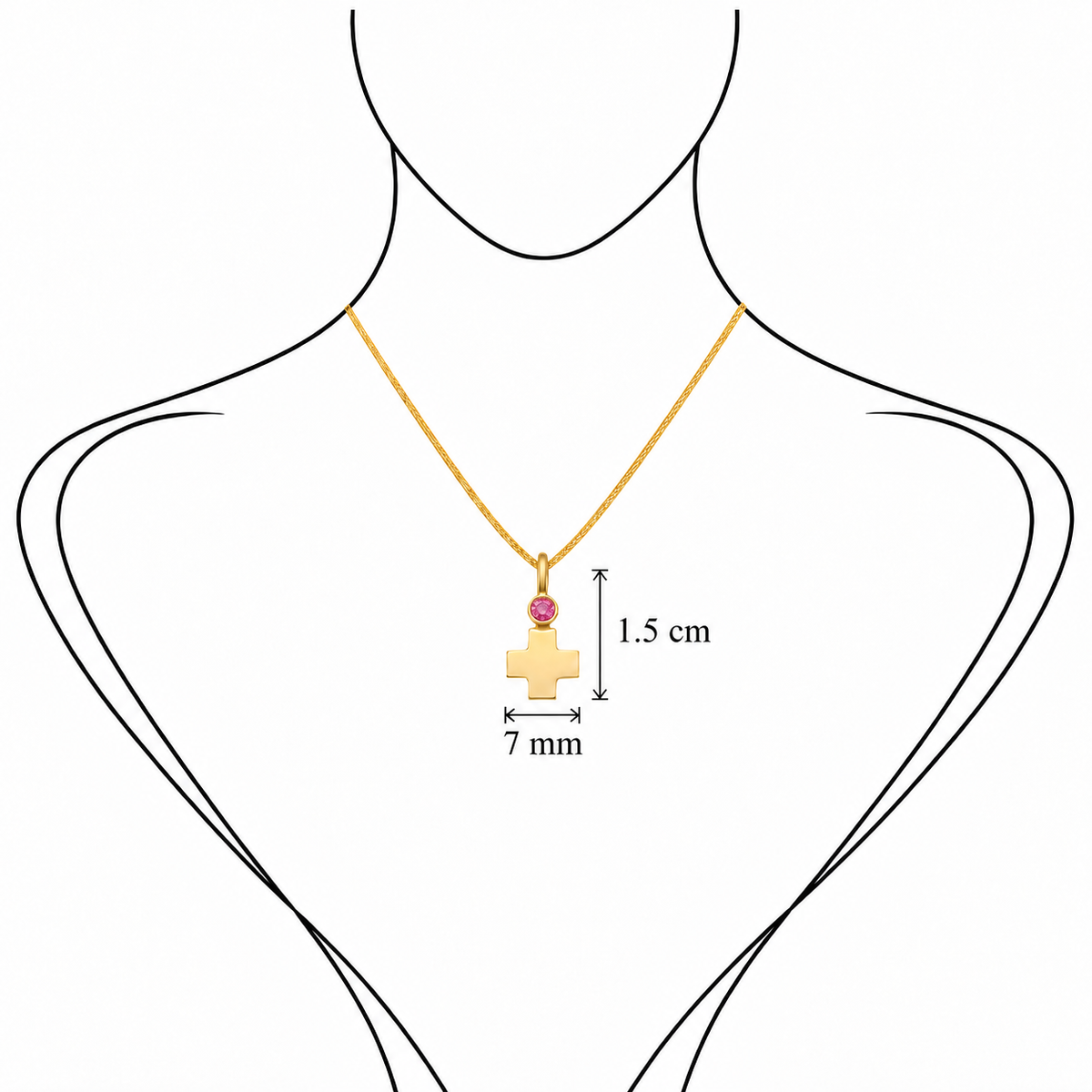 Gem Cross Charm - 18K Gold Cross Pendant with Pink Sapphire by Bed of Stones Jewelry, illustration showing pendant placement