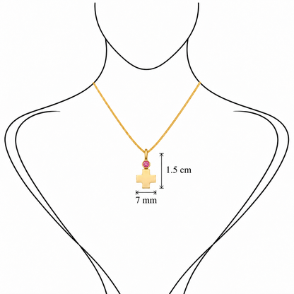 Gem Cross Charm - 18K Gold Cross Pendant with Pink Sapphire by Bed of Stones Jewelry, illustration showing pendant placement