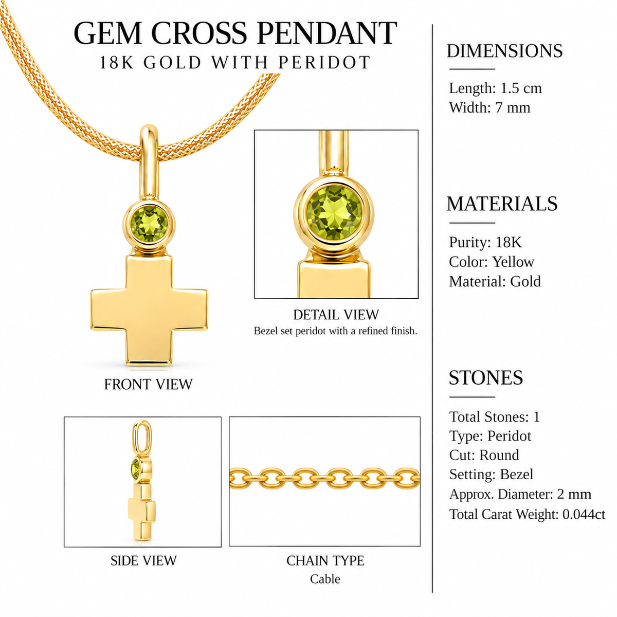 Gem Cross Pendant - 18K Gold with Peridot by Bed of Stones Jewelry, close-up of peridot bezel setting with product dimensions and stone details diagram