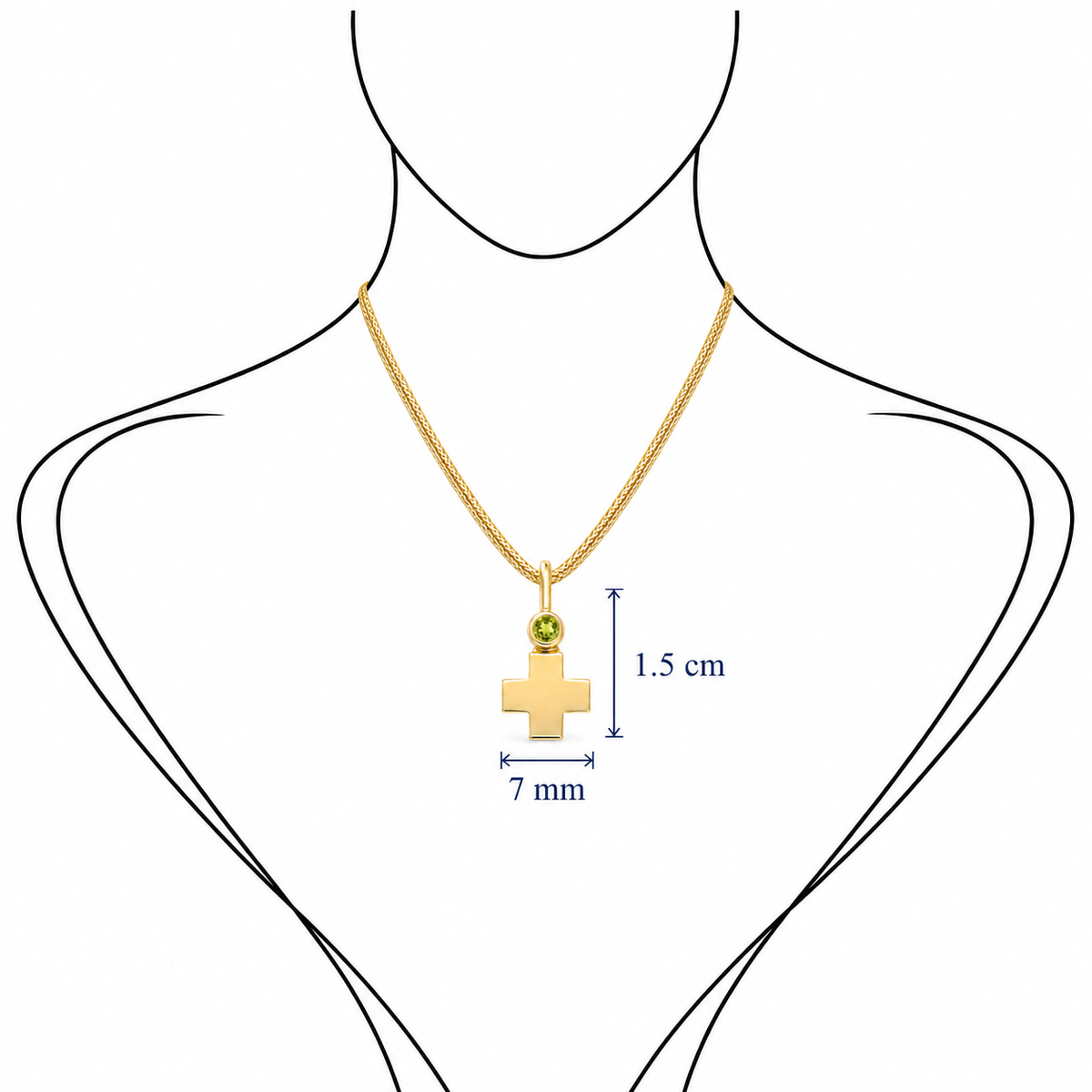 Gem Cross Pendant - 18K Gold with Peridot by Bed of Stones Jewelry, illustration showing pendant placement