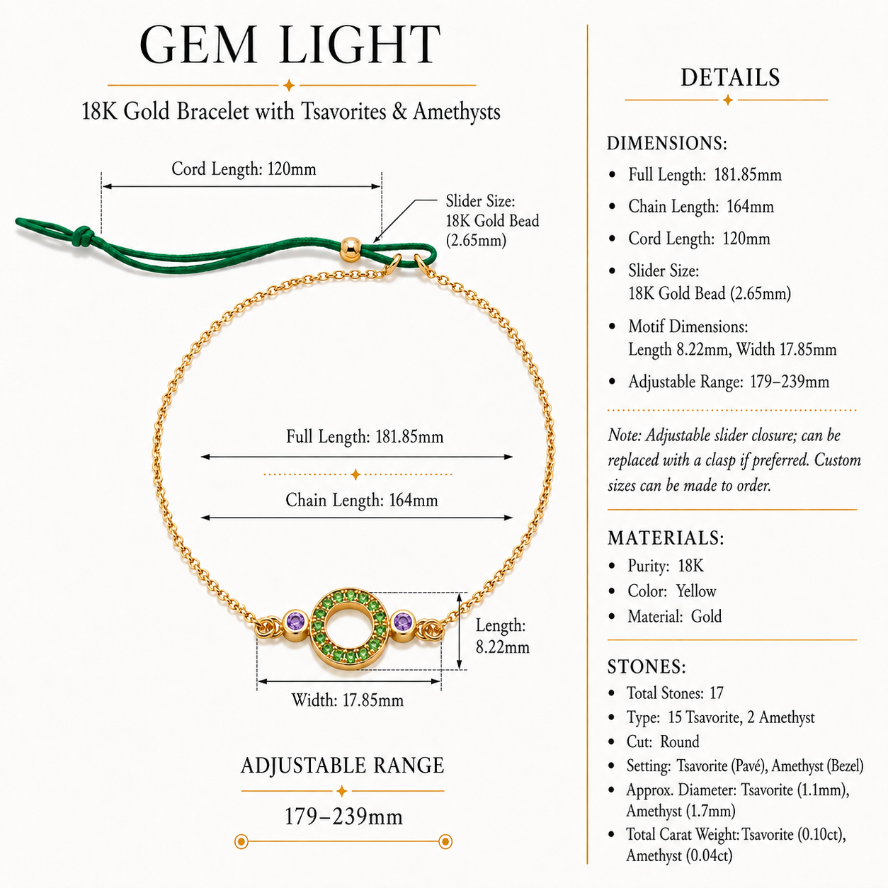 Rosette - 18K Gold Bracelet with Tsavorites by Bed of Stones Jewelry, product dimensions and stone details diagram