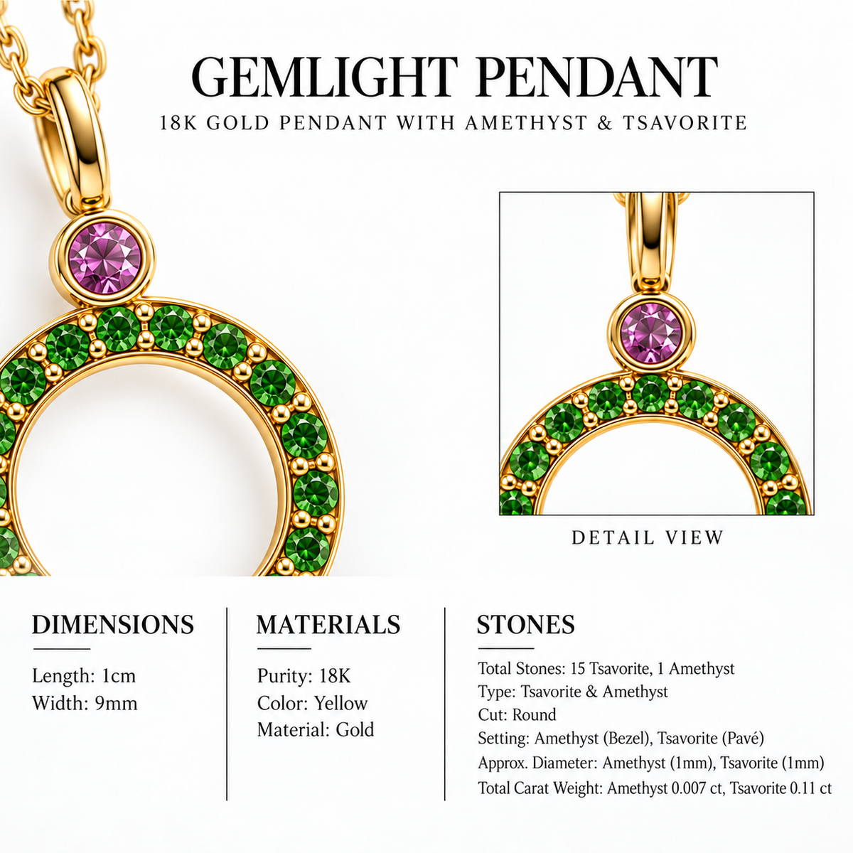 Gemlight Pendant - 18K Gold with Amethyst & Tsavorite by Bed of Stones Jewelry, close-up of amethyst bezel and tsavorite pavé setting with product dimensions and stone details diagram