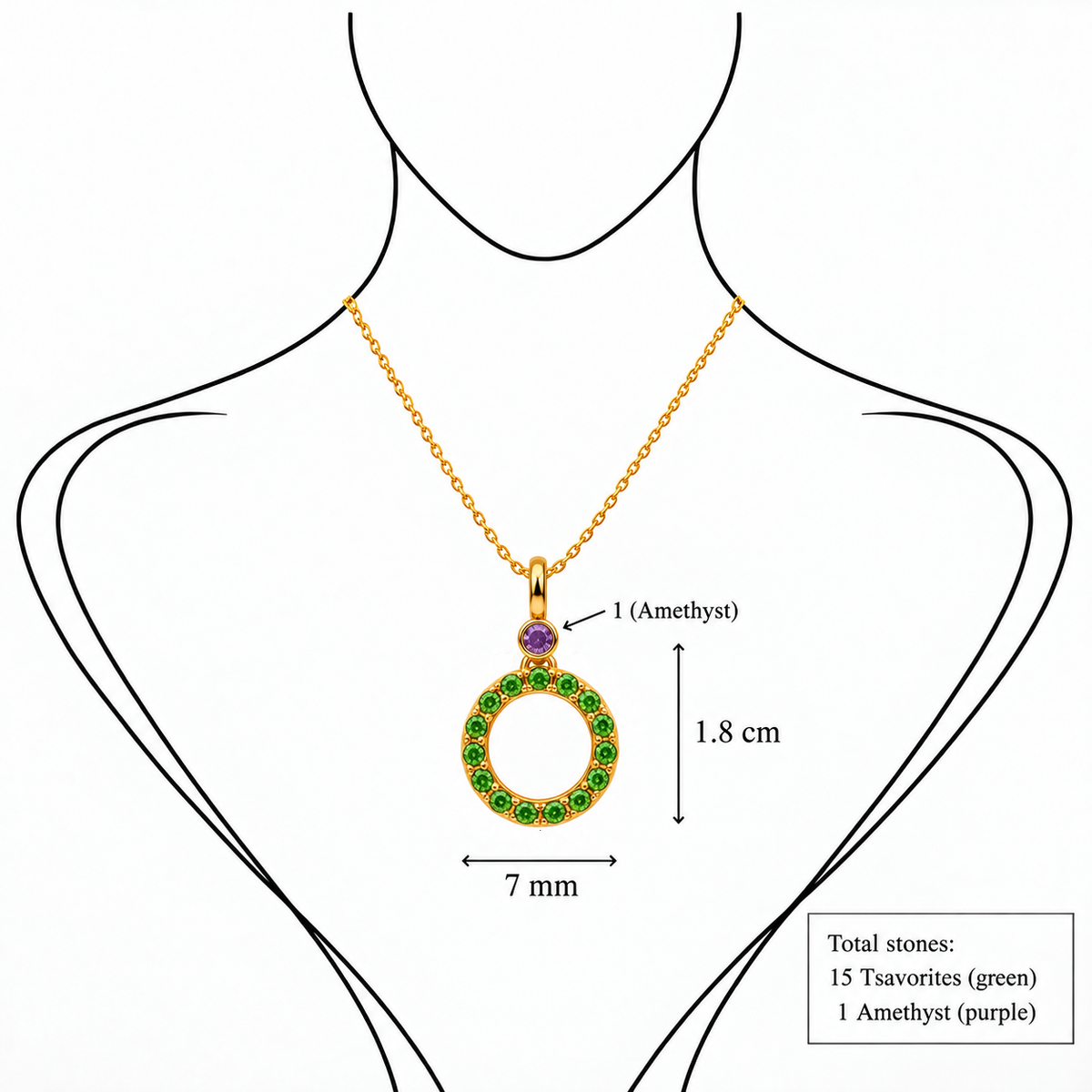 Gemlight Pendant - 18K Gold with Amethyst & Tsavorite by Bed of Stones Jewelry, illustration showing pendant placement