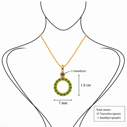 Gemlight Pendant - 18K Gold with Amethyst & Tsavorite by Bed of Stones Jewelry, illustration showing pendant placement