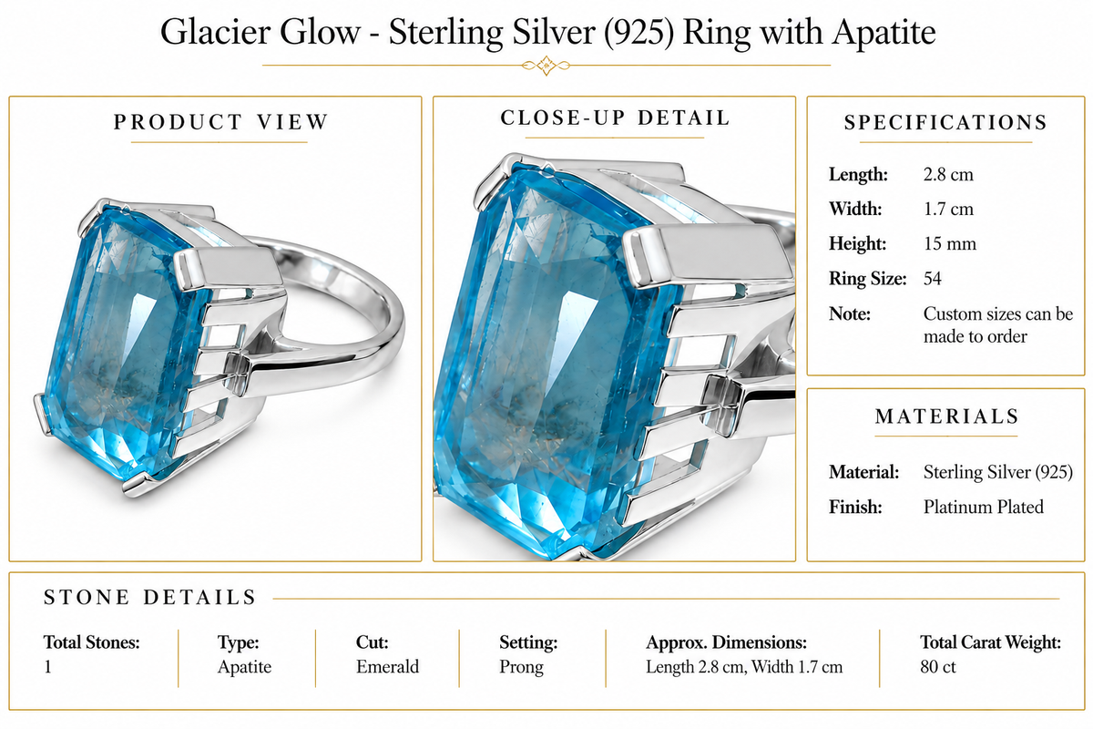 Glacier Glow - Sterling Silver (925) Ring with Apatite by Bed of Stones Jewelry, product dimensions and stone details diagram