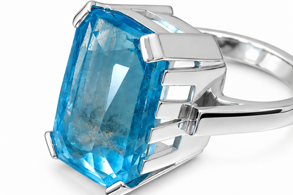 Close-up of emerald-cut apatite prong setting on Glacier Glow Sterling Silver (925) Ring by Bed of Stones Jewelry