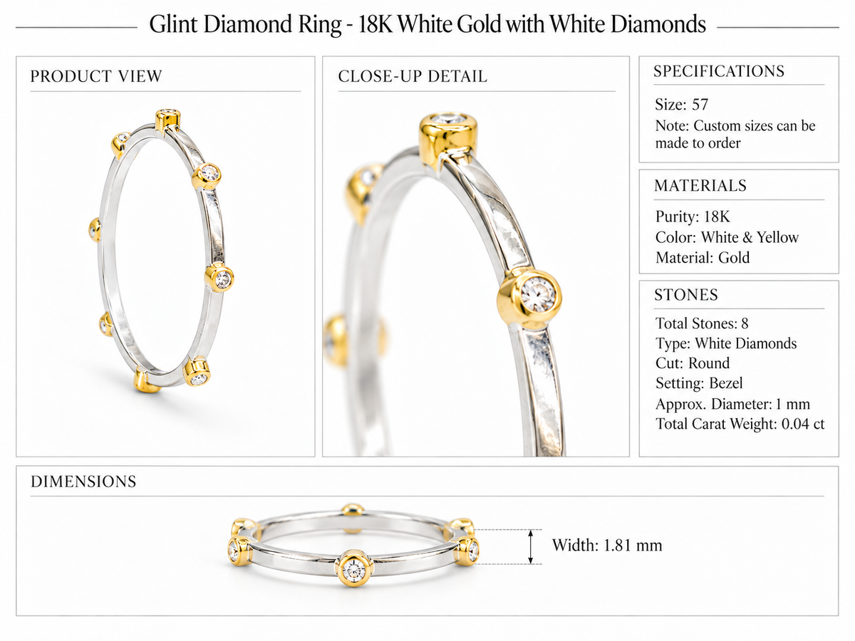 Glint Diamond Ring - 18K White Gold with White Diamonds by Bed of Stones Jewelry, product dimensions and stone details diagram