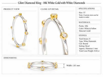 Glint Diamond Ring - 18K White Gold with White Diamonds by Bed of Stones Jewelry, product dimensions and stone details diagram