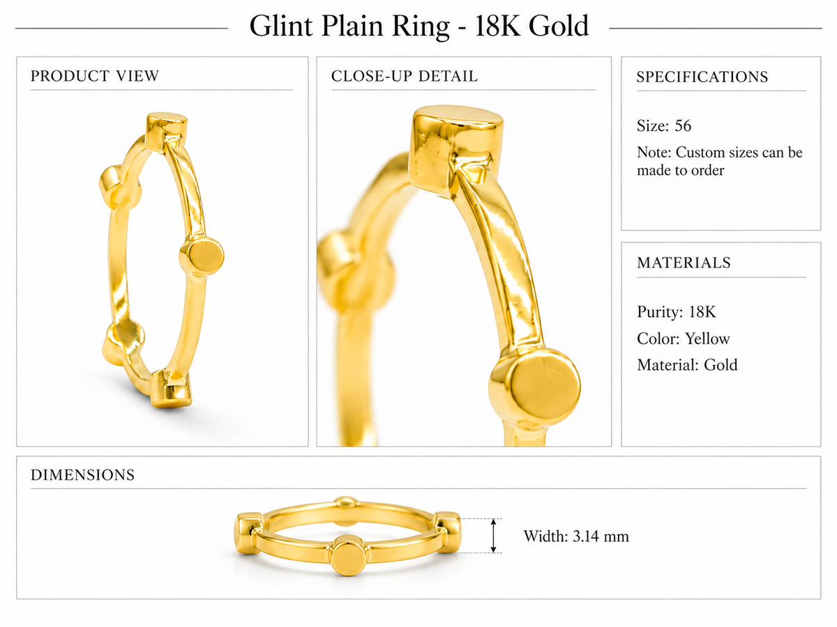 Glint Plain Ring - 18K Gold by Bed of Stones Jewelry, product dimensions and stone details diagram
