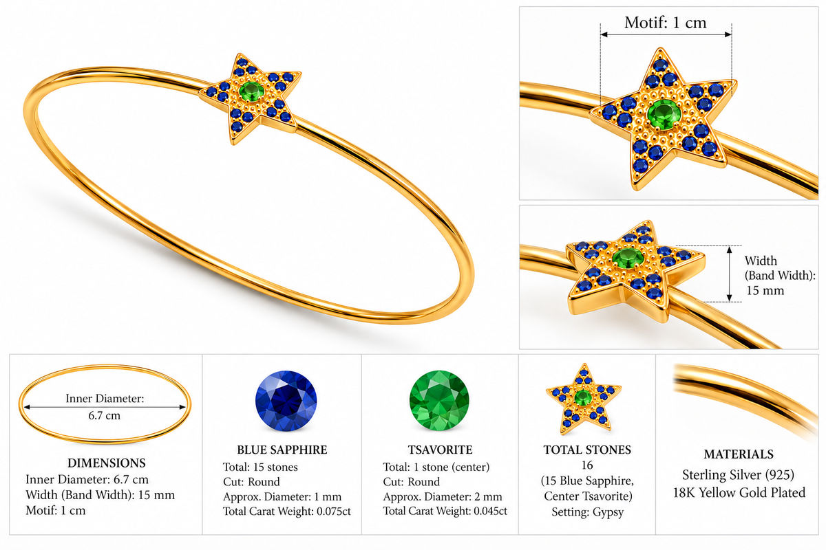 Glitter Dot - Blue & Green - Sterling Silver (925) Bracelet with Blue Sapphire & Tsavorite by Bed of Stones Jewelry, close-up of blue sapphire and tsavorite gypsy setting with product dimensions and stone details diagram