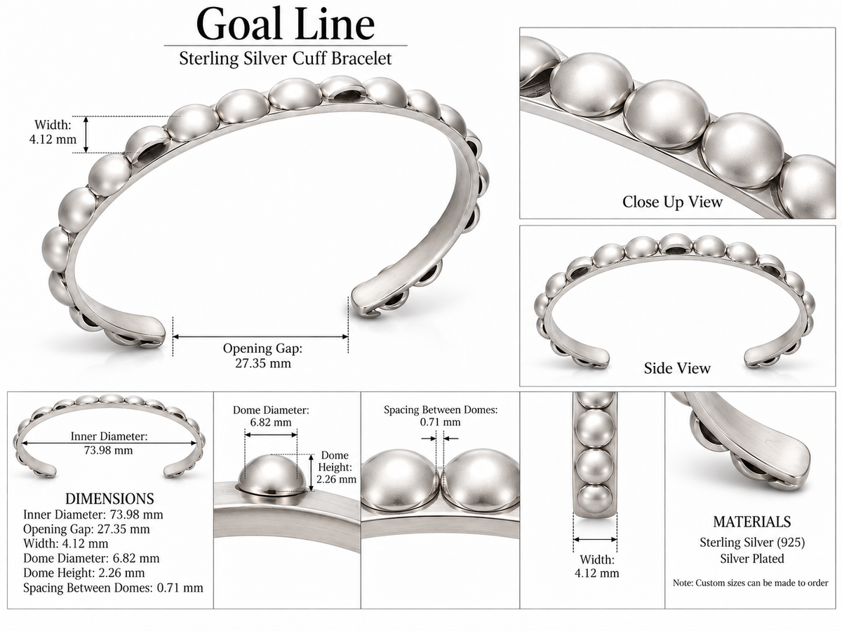 Goal Line - Sterling Silver Cuff Bracelet by Bed of Stones Jewelry, product dimensions diagram