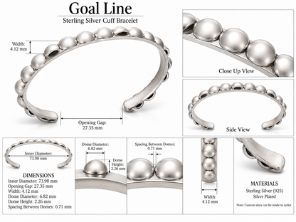 Goal Line - Sterling Silver Cuff Bracelet by Bed of Stones Jewelry, product dimensions diagram