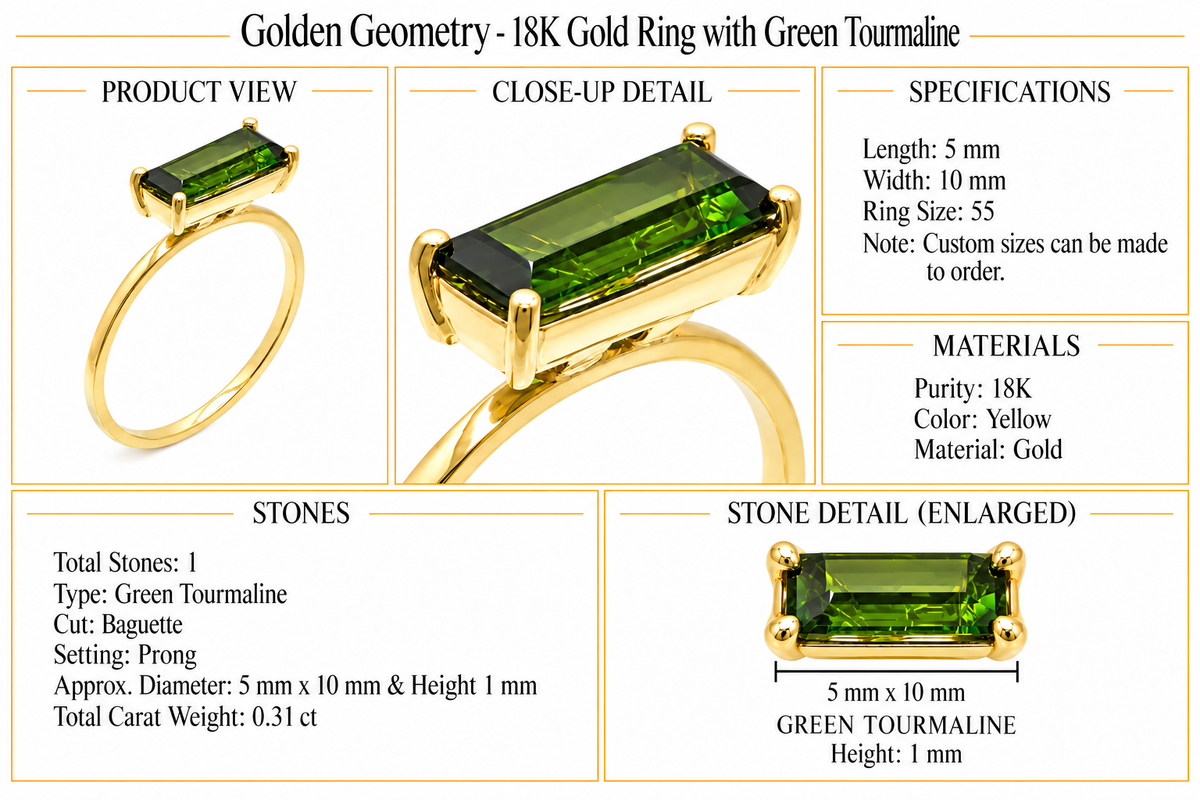 Golden Geometry - 18K Gold Ring with Green Tourmaline by Bed of Stones Jewelry, product dimensions and stone details diagram