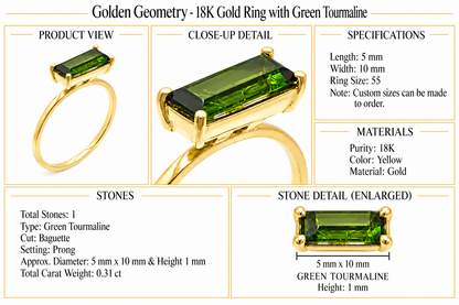 Golden Geometry - 18K Gold Ring with Green Tourmaline by Bed of Stones Jewelry, product dimensions and stone details diagram