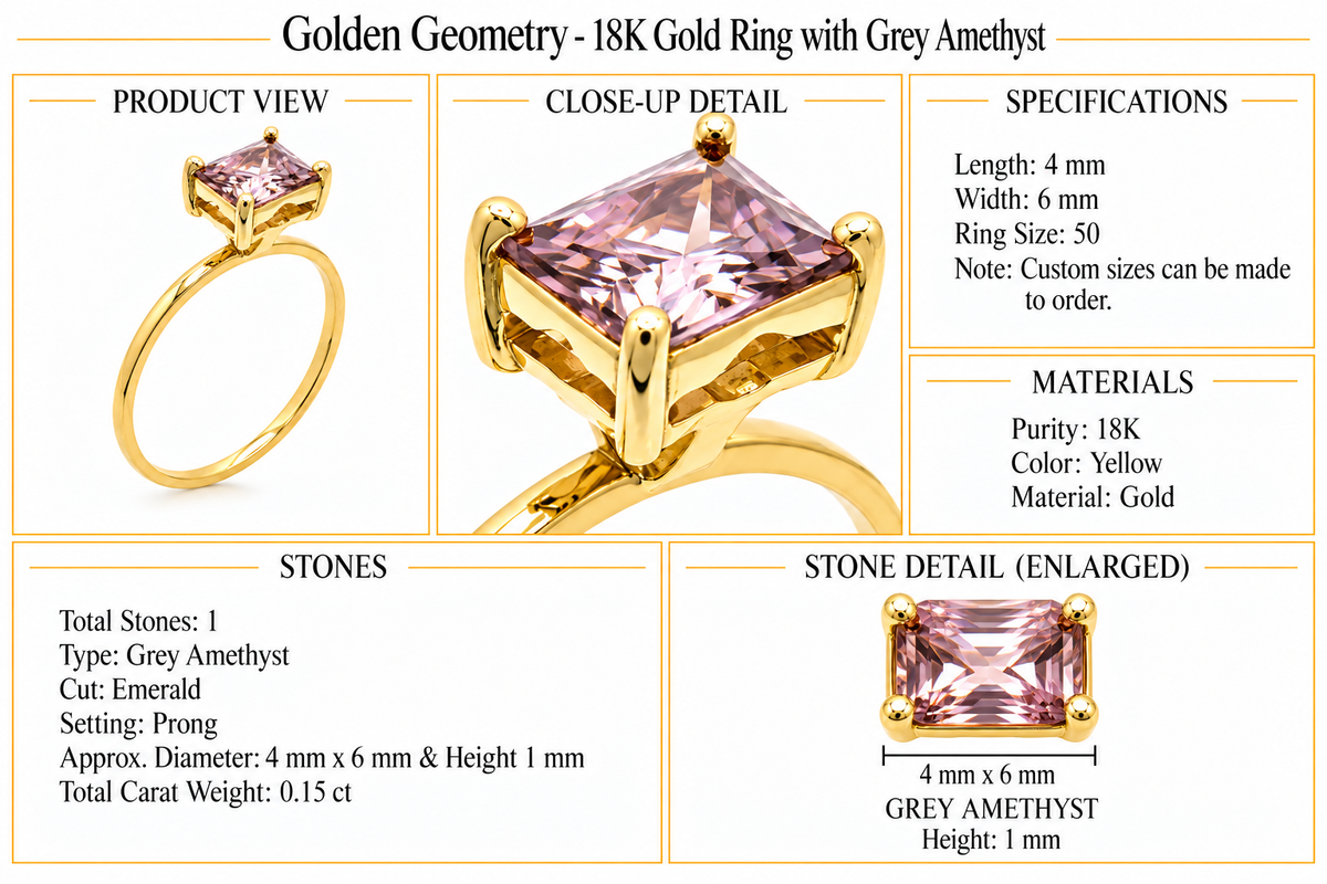 Golden Geometry - 18K Gold Ring with Grey Amethyst by Bed of Stones Jewelry, product dimensions and stone details diagram