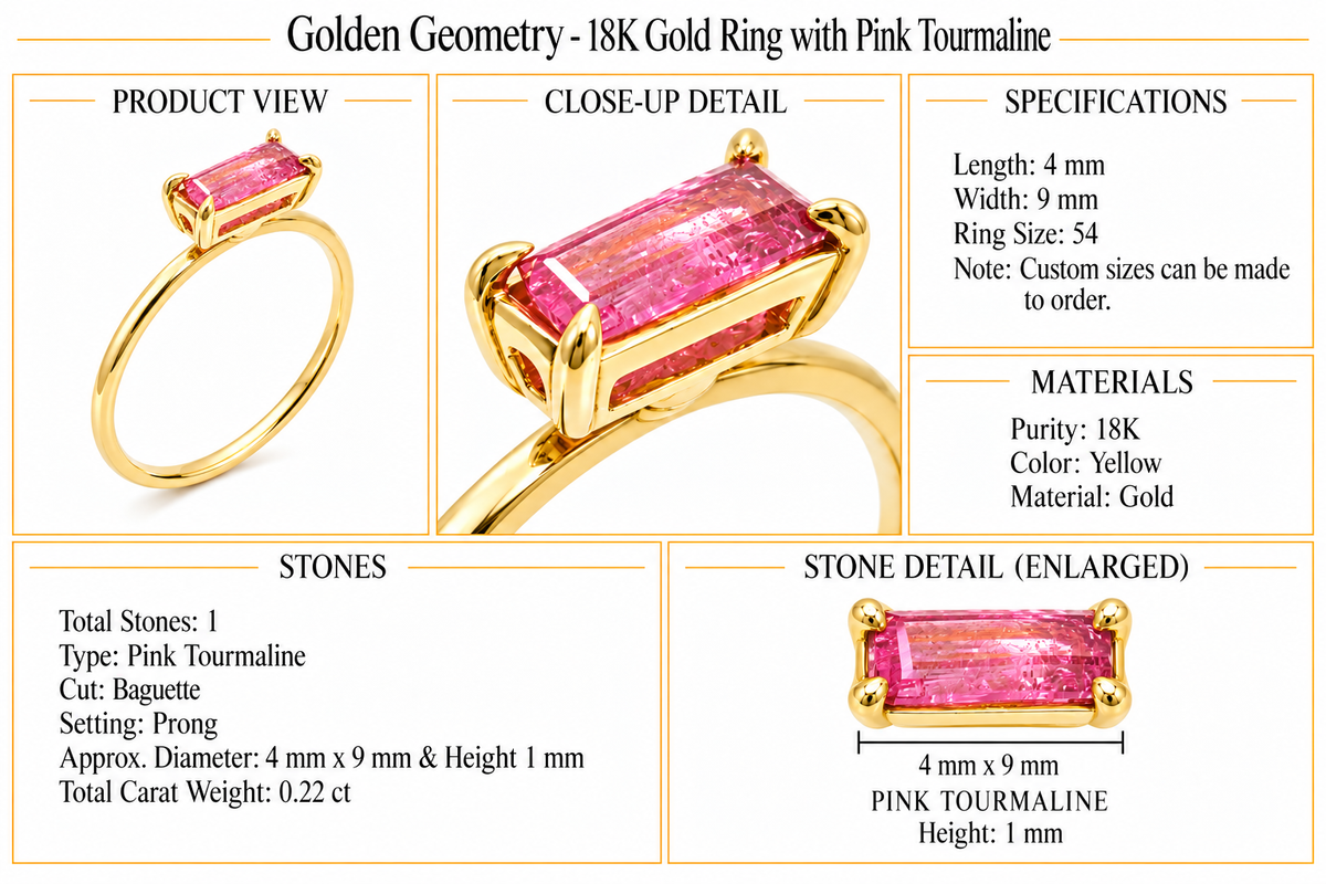 Golden Geometry - 18K Gold Ring with Pink Tourmaline by Bed of Stones Jewelry, product dimensions and stone details diagram