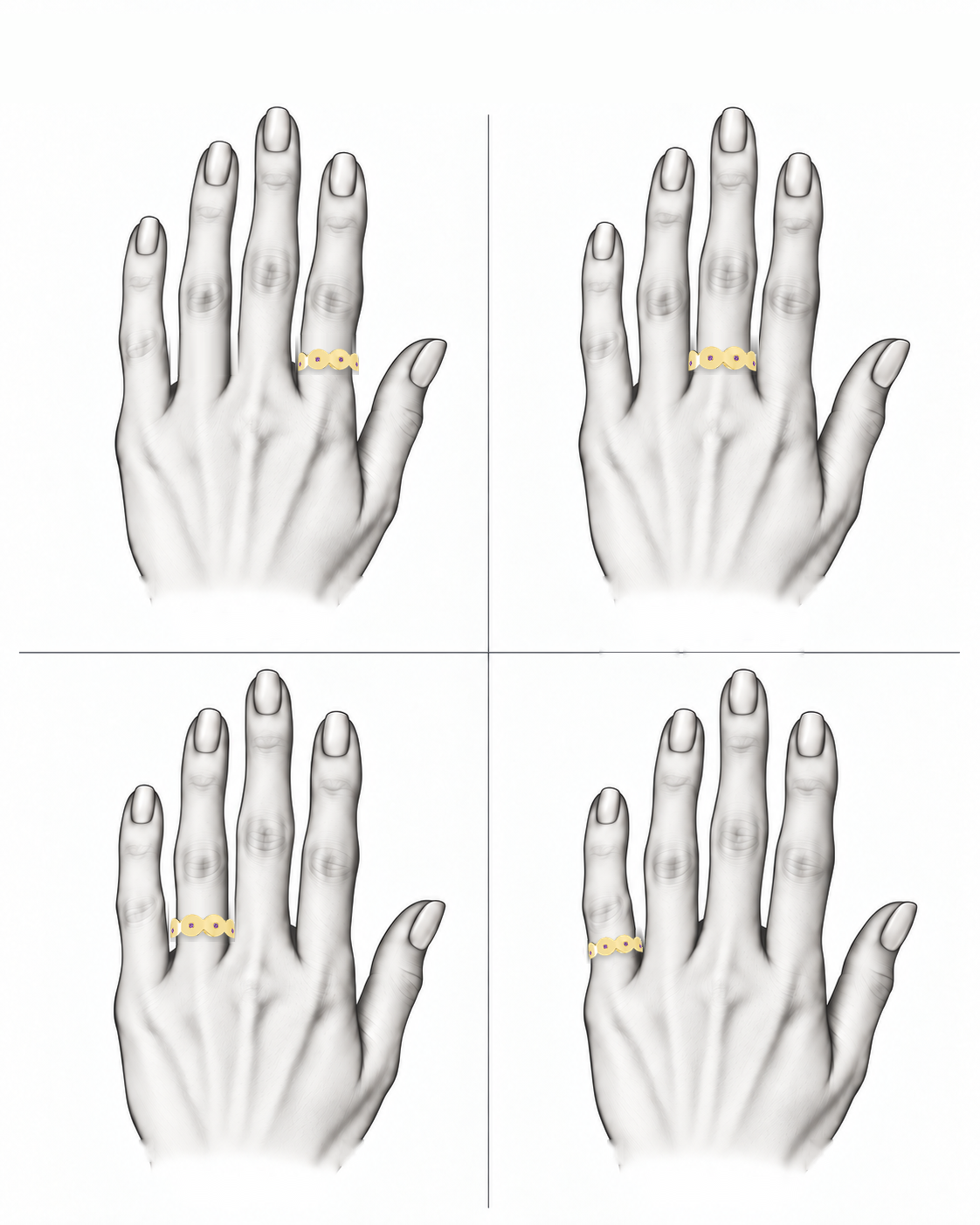 Golden Orchid Band - Sterling Silver & 18K Gold Plated with Amethysts by Bed of Stones Jewelry, illustration showing ring placement