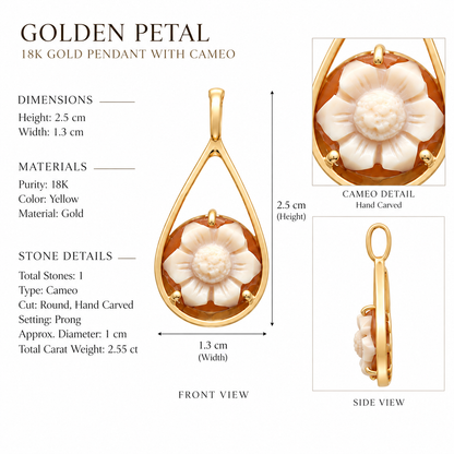 Golden Petal - 18K Gold Pendant with Cameo by Bed of Stones Jewelry, close-up of hand-carved cameo prong setting with product dimensions and stone details diagram