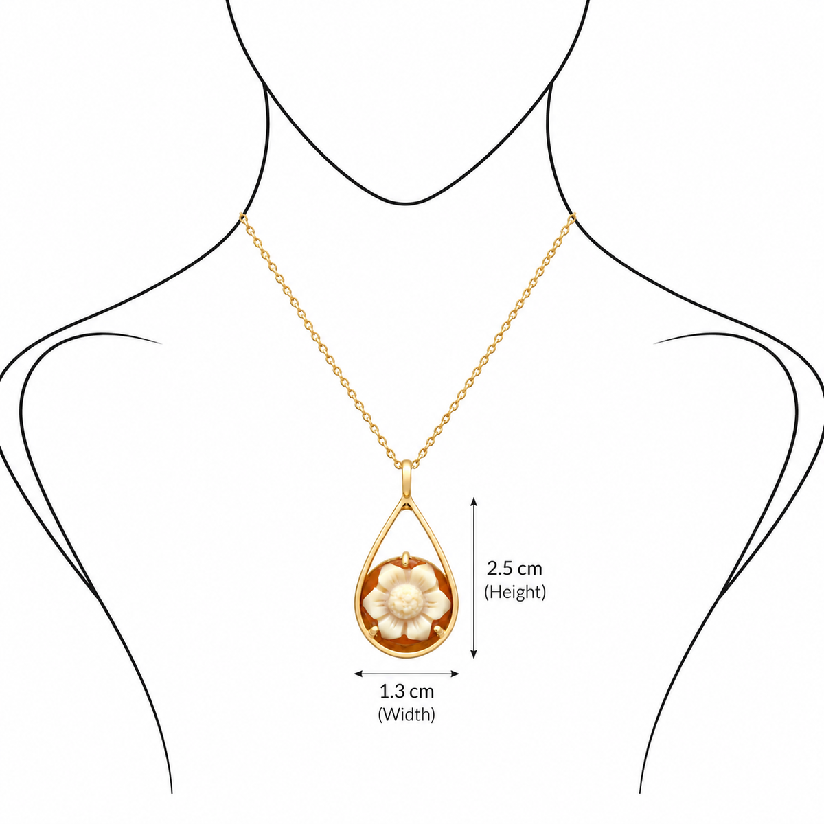 Golden Petal - 18K Gold Pendant with Cameo by Bed of Stones Jewelry, illustration showing pendant placement