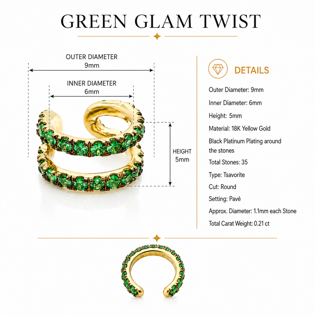 Green Glam Twist - 18K Gold Ear Cuff with Tsavorites by Bed of Stones Jewelry, product dimensions and stone details diagram
