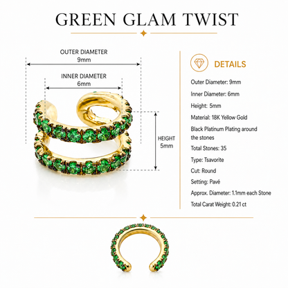 Green Glam Twist - 18K Gold Ear Cuff with Tsavorites by Bed of Stones Jewelry, product dimensions and stone details diagram