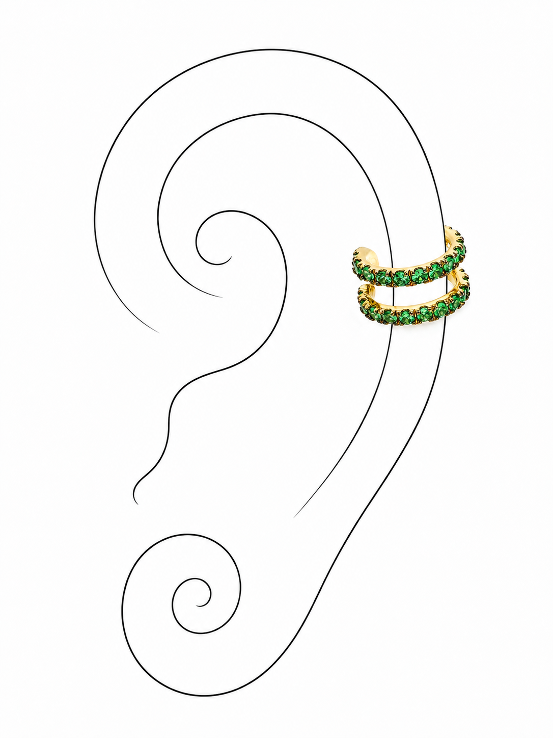 Green Glam Twist 18K Gold Ear Cuff by Bed of Stones Jewelry, illustration showing ear placement"
