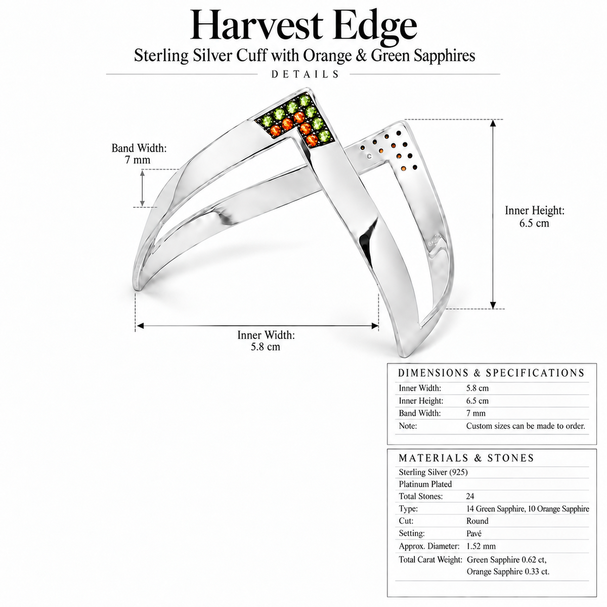 Harvest Edge - Sterling Silver Cuff with Orange & Green Sapphires by Bed of Stones Jewelry, close-up of green and orange sapphire pavé setting with product dimensions and stone details diagram