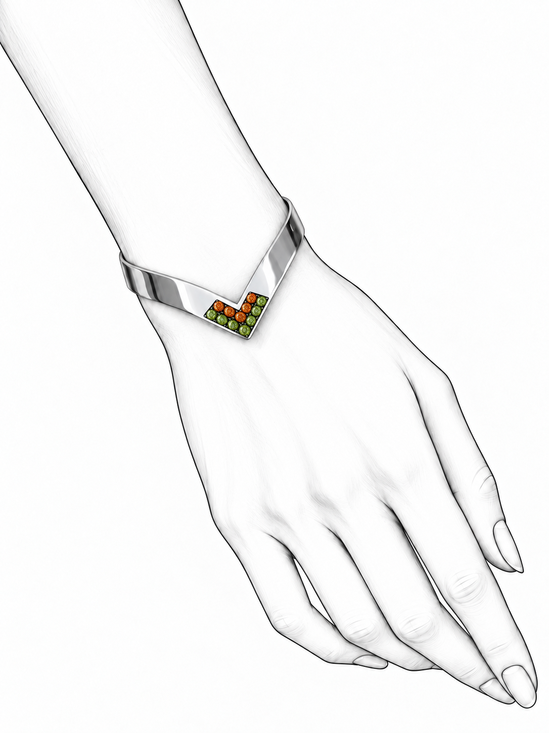 Harvest Edge - Sterling Silver Cuff with Orange & Green Sapphires by Bed of Stones Jewelry, illustration showing wrist placement