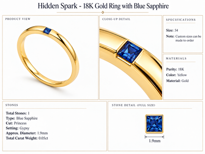 Hidden Spark - 18K Gold Ring with Blue Sapphire by Bed of Stones Jewelry, product dimensions and stone details diagram