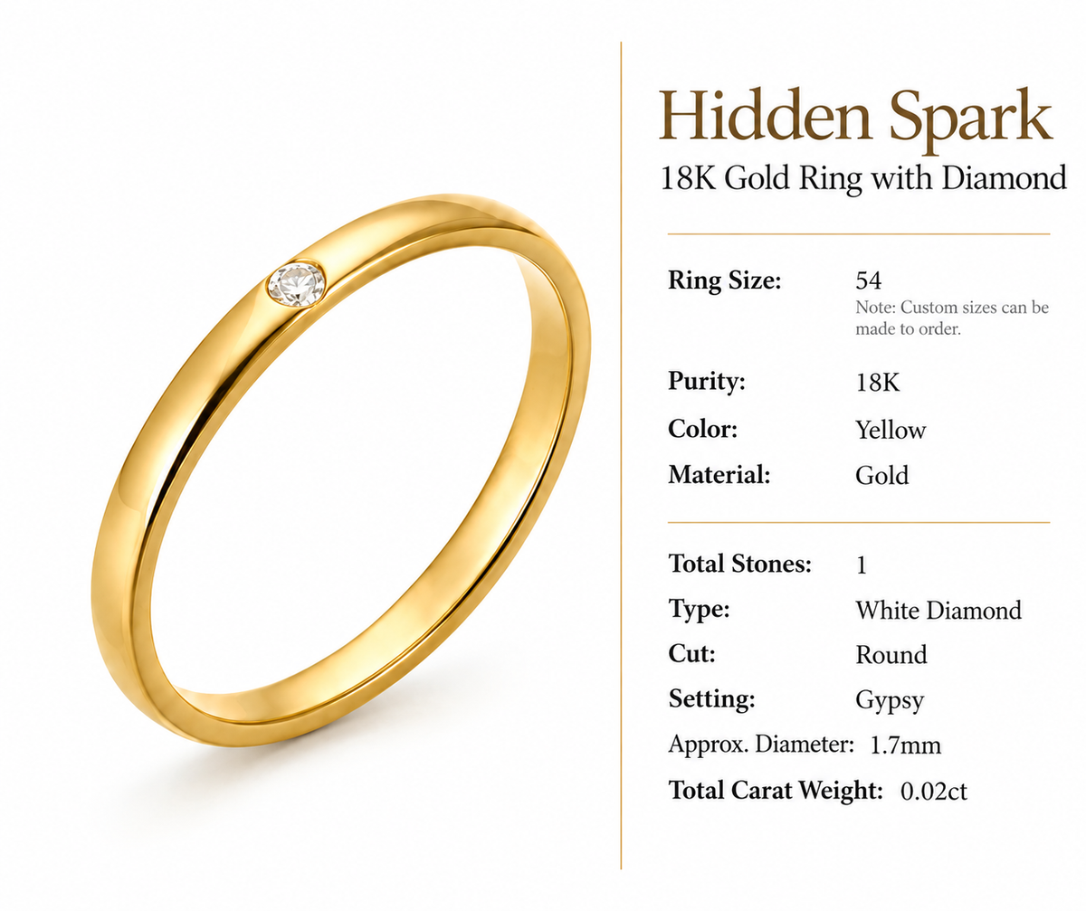 Hidden Spark - 18K Gold Ring with Diamond by Bed of Stones Jewelry, product dimensions and stone details diagram