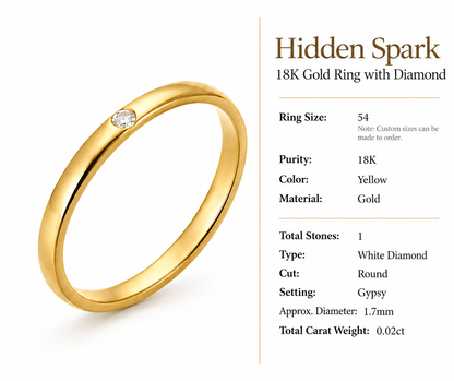 Hidden Spark - 18K Gold Ring with Diamond by Bed of Stones Jewelry, product dimensions and stone details diagram