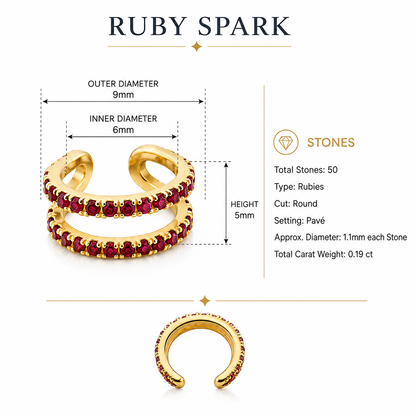 Ruby Spiral - 18K Gold Ear Cuff with Rubies by Bed of Stones Jewelry, product dimensions and stone details diagram”