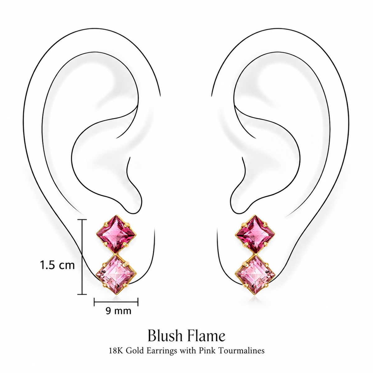 Blush Flame Earrings by Bed of Stones Jewelry, illustration showing ear placement