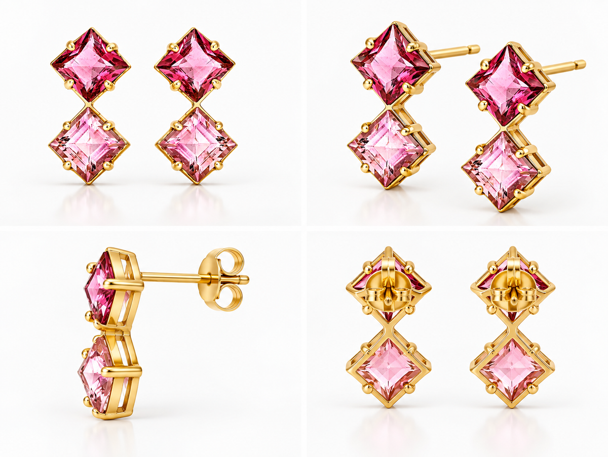 Blush Flame - 18K Gold Earrings with Pink Tourmalines by Bed of Stones Jewelry, multi-angle product view