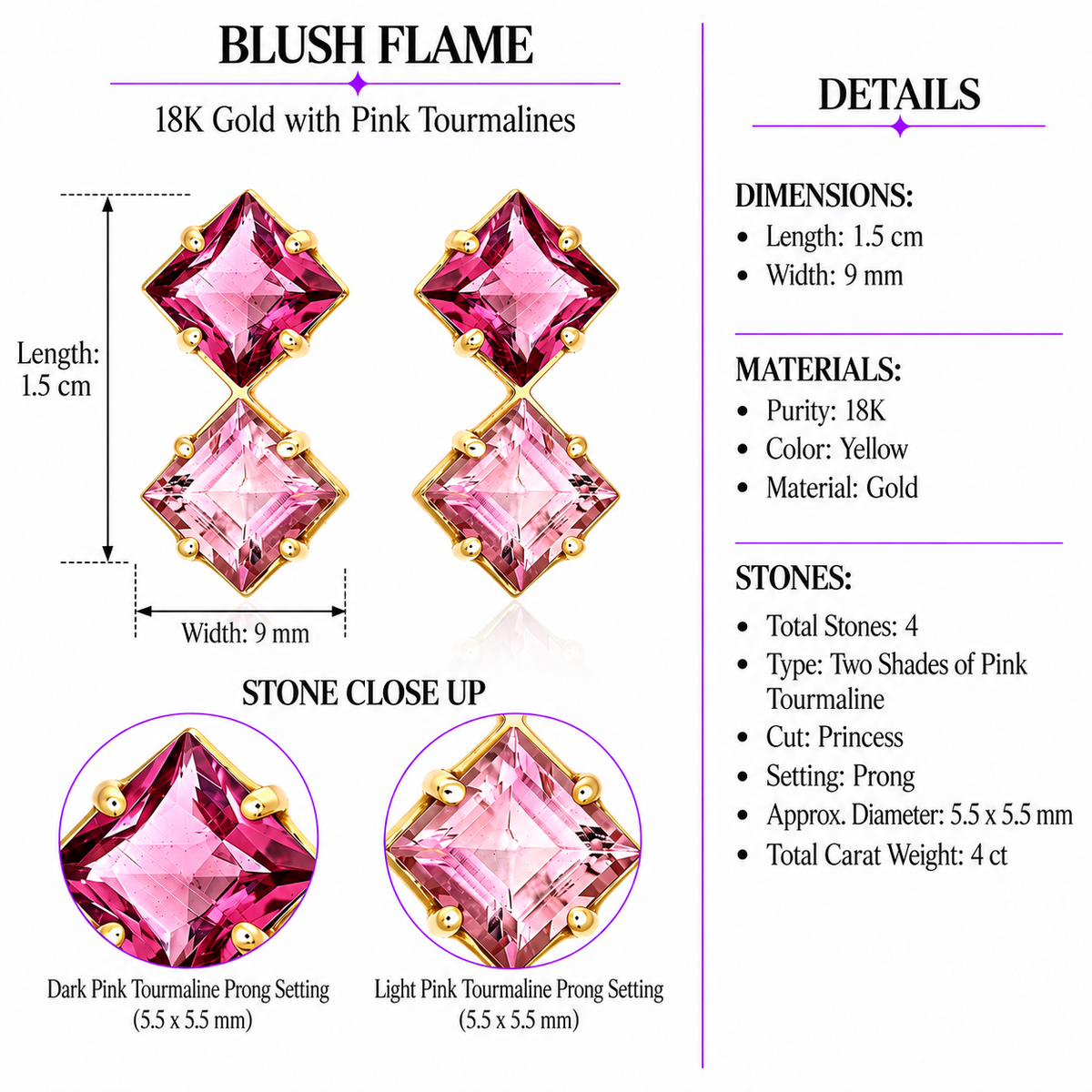 Blush Flame - 18K Gold Earrings with Pink Tourmalines by Bed of Stones Jewelry, product dimensions and stone details diagram
