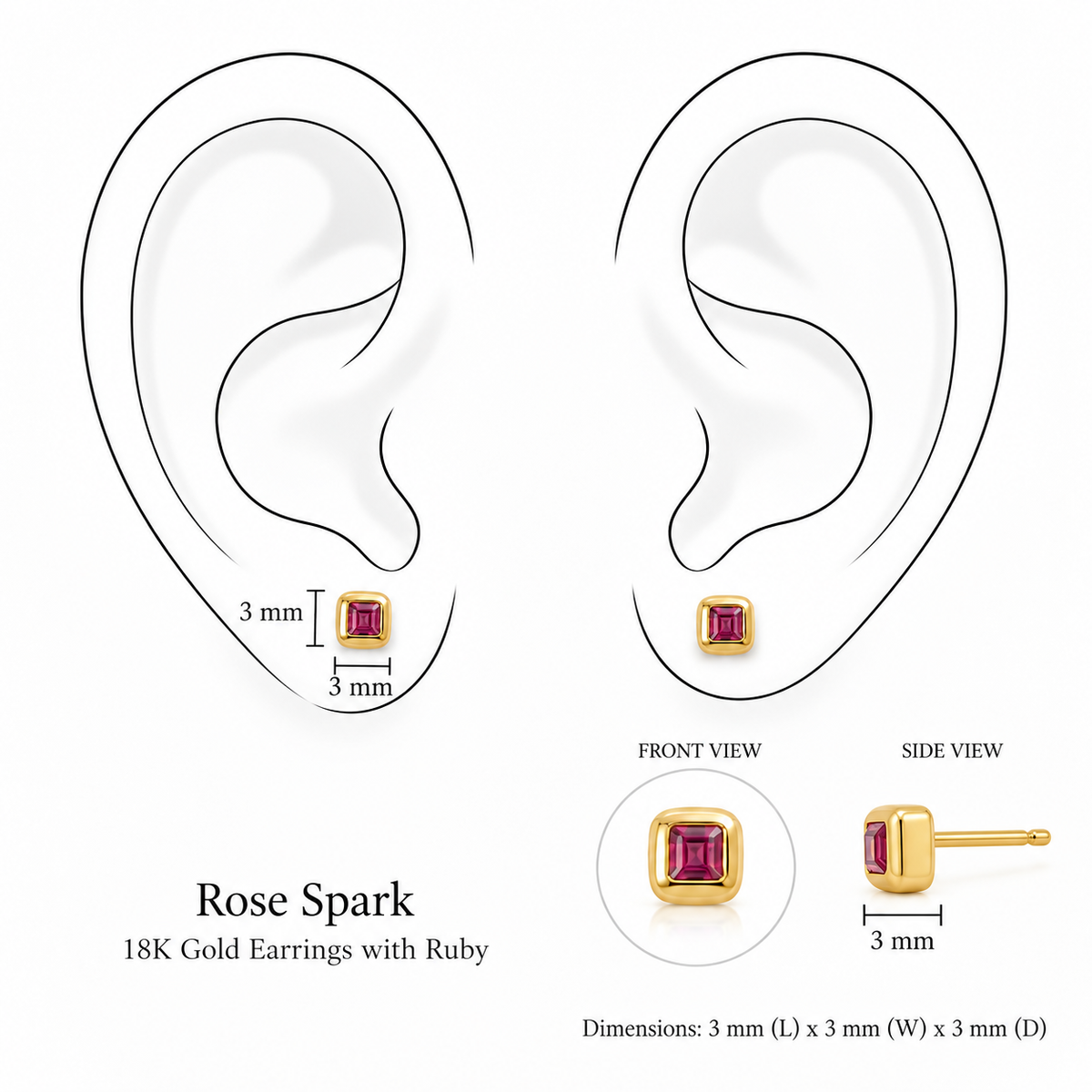 Rose Spark Earrings by Bed of Stones Jewelry, illustration showing ear placement