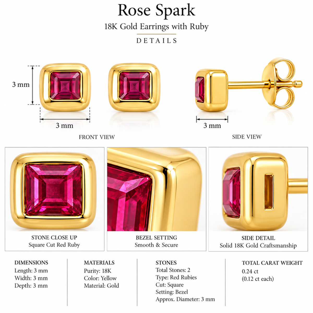Rose Spark - 18K Gold Earrings with Ruby by Bed of Stones Jewelry, product dimensions and stone details diagram