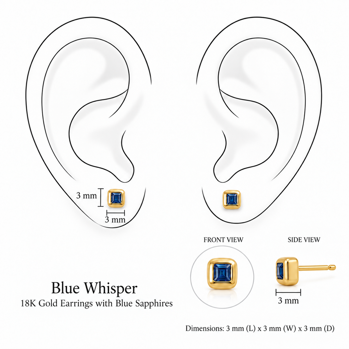Blue Whisper Earrings by Bed of Stones Jewelry, illustration showing ear placement