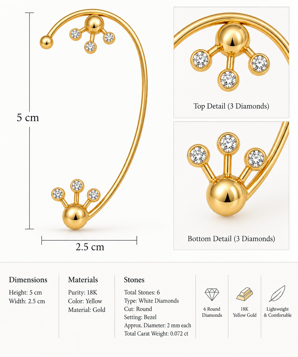 Lunar Eclipse - 18K Gold Ear Cuff with Diamonds by Bed of Stones Jewelry, product dimensions and stone details diagram