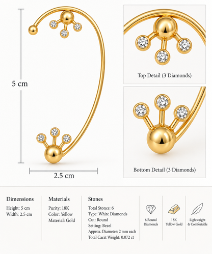 Lunar Eclipse - 18K Gold Ear Cuff with Diamonds by Bed of Stones Jewelry, product dimensions and stone details diagram