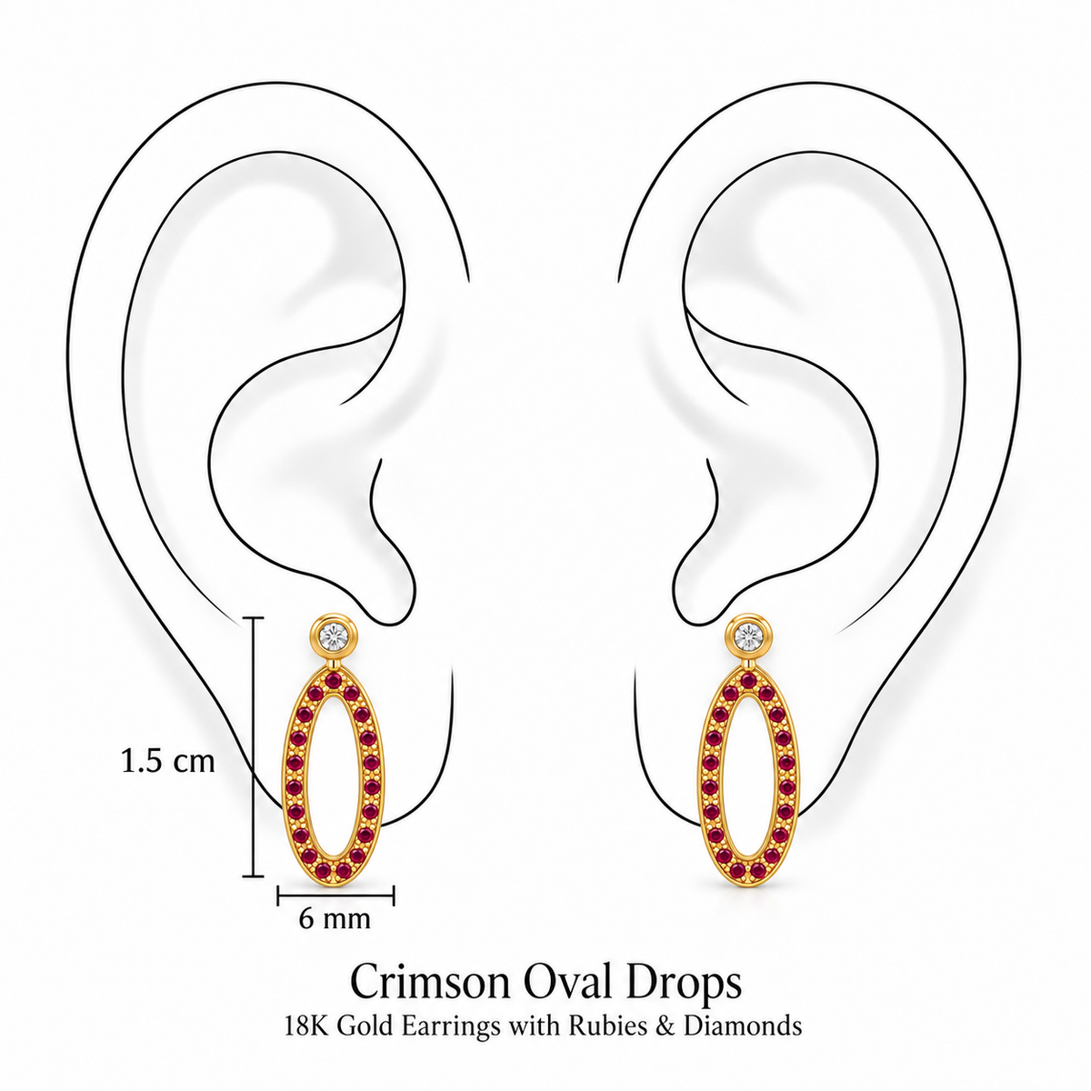 Crimson Oval Drops Earrings by Bed of Stones Jewelry, illustration showing ear placement