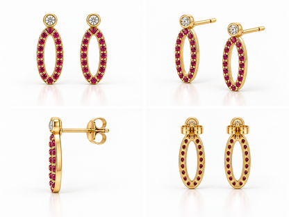 Crimson Oval Drops - 18K Gold Earrings with Rubies & Diamonds by Bed of Stones Jewelry, multi-angle product view