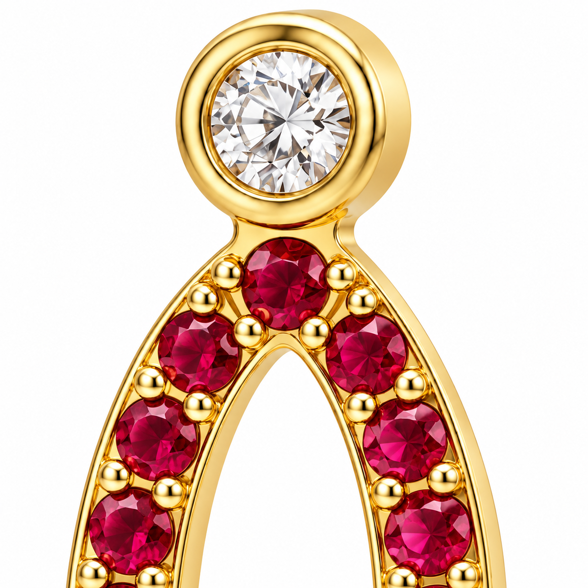 Close-up of ruby pavé and diamond bezel setting on Crimson Oval Drops Earrings by Bed of Stones Jewelry