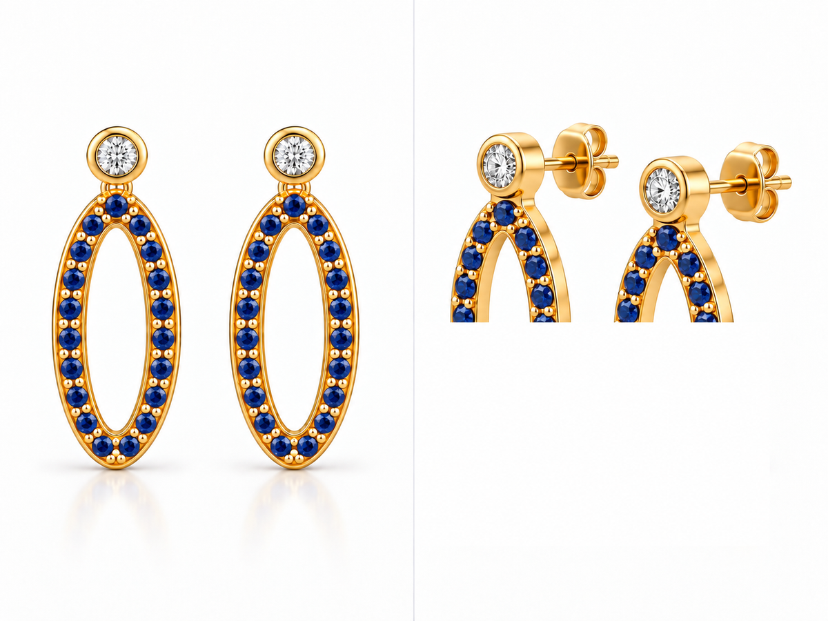 Blue Sapphire Oval Drops - 18K Gold Earrings with Blue Sapphires & Diamonds by Bed of Stones Jewelry, multi-angle product view
