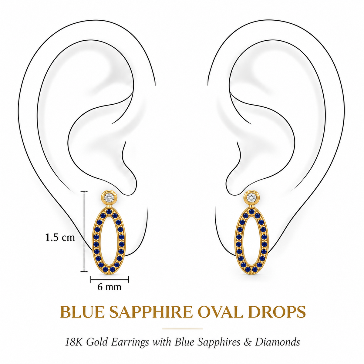 Blue Sapphire Oval Drops Earrings by Bed of Stones Jewelry, illustration showing ear placement