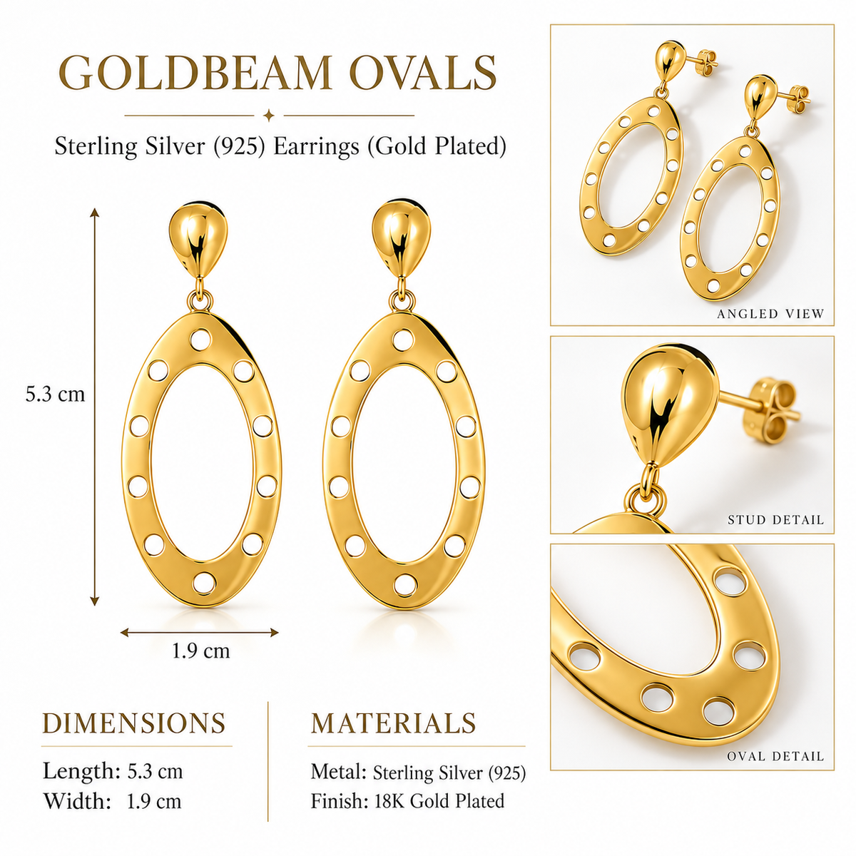 Goldbeam Ovals - Sterling Silver (925) Earrings (Gold Plated) by Bed of Stones Jewelry, product dimensions diagram