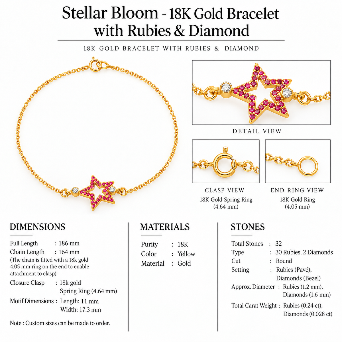 Stellar Bloom - 18K Gold Bracelet with Rubies & Diamond by Bed of Stones Jewelry, close-up of ruby pavé and diamond bezel setting with product dimensions and stone details diagram