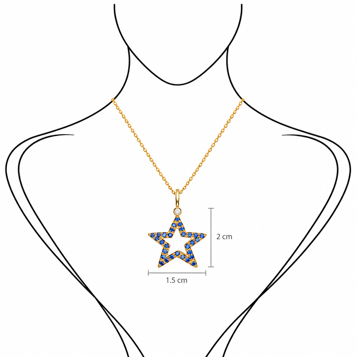 Midnight Spark - 18K Gold Pendant with Blue Sapphires & Diamonds by Bed of Stones Jewelry, illustration showing pendant placement