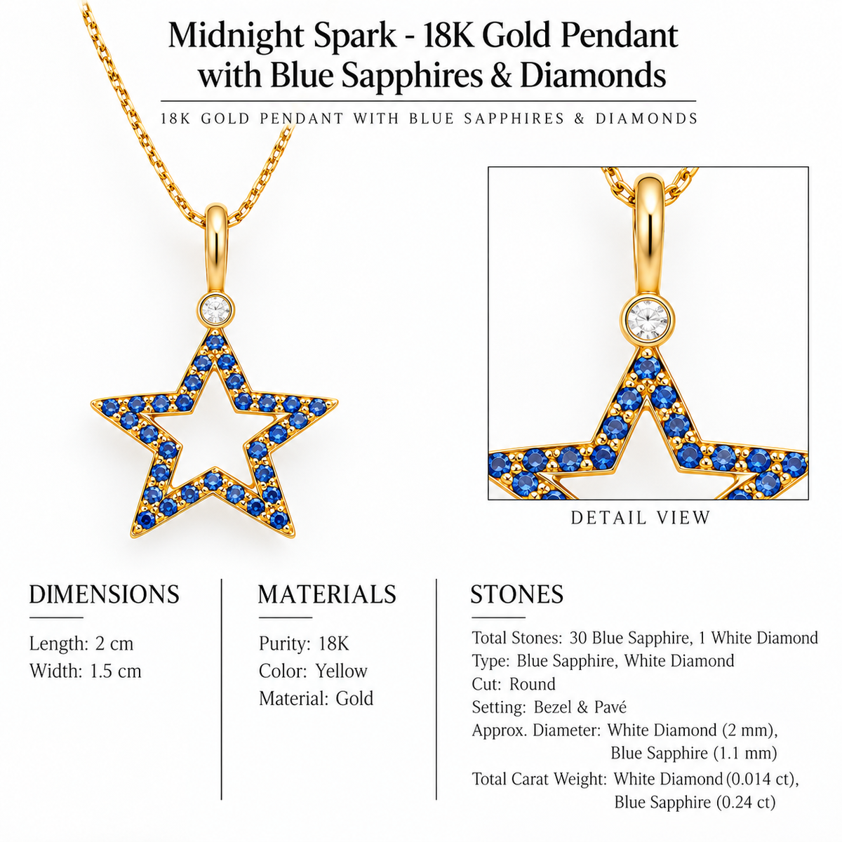Midnight Spark - 18K Gold Pendant with Blue Sapphires & Diamonds by Bed of Stones Jewelry, close-up of blue sapphire pavé and white diamond bezel setting with product dimensions and stone details diagram