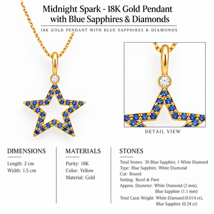Midnight Spark - 18K Gold Pendant with Blue Sapphires & Diamonds by Bed of Stones Jewelry, close-up of blue sapphire pavé and white diamond bezel setting with product dimensions and stone details diagram